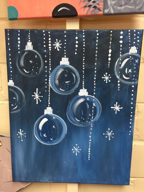 Simple Christmas Scenes Drawing, New Year Painting Ideas Easy, Christmas Acrylic Art Canvas Ideas, Black Canvas Paintings Christmas, Simple Xmas Paintings, Painting Of Christmas Ornaments, Happy New Year Painting Ideas Canvas, Cute Things To Paint Christmas, 8th Grade Christmas Art Project