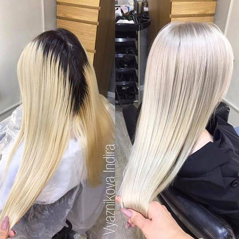 Look at those ROOTS! Black to white with dramatically reduced damage by adding Olaplex to the lightener. To ensure all of your clients have the healthiest service possible, no matter what their hair type is, add Olaplex to every single bleach formulation you mix. The results will speak for themselves.   Stunning before and after by instagram.com/indiravyaznikova showing flawless platinum roots to ends. Bleach Hair Ideas, Black To Blonde Hair, Bleach Hair, Blonde Hair With Roots, Blonde Hair Transformations, Icy Blonde Hair, Hair Color Underneath, Bleach Blonde Hair, Hair Color Streaks