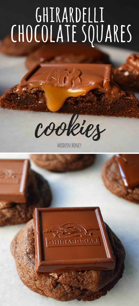 Ghirardelli Squares Chocolate Cookies – Modern Honey Caramel Chip Cookies, Ghirardelli Recipes, Stuffed Chocolate Cookies, Caramel Chips, Ghiradelli Chocolate, Ghirardelli Chocolate Squares, Double Chocolate Cookies Recipe, Modern Honey, Cookies Cupcake