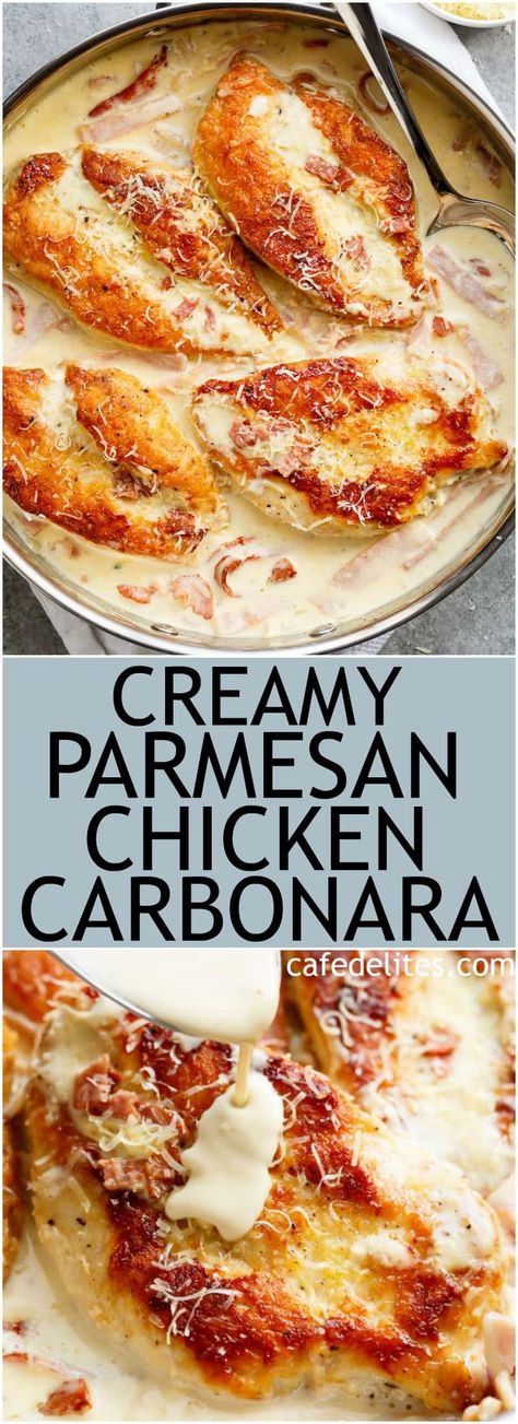 waistline Creamy Parmesan Chicken, Chicken Fillets, Chicken Carbonara, Golden Chicken, Favorite Recipes Chicken, Creamy Parmesan, Parmesan Chicken, Think Food, Diet Keto