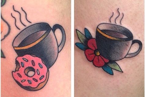 Coffe and doughnut tattoo done by Carrie Daniels Donut Tattoo, Coffee Cup Tattoo, Tea Tattoo, Coffee Shop Coffee, Cup Tattoo, Opening A Coffee Shop, Quotes Coffee, Coffee Tattoos, Coffee And Donuts