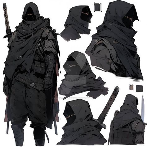 Hooded Warrior Male, Hooded Character Reference, Concept Art Clothing, Hooded Figure Character Design, Ninja Clothes Reference, Cloak Outfit Drawing, Royal Assassin Aesthetic, Assassin Mask Design, Apocalypse Outfit Concept Art