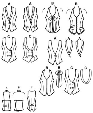 vest pattern Love vests...you can use great scraps, even fabrics meant for upholstery, or from thrift store finds...even placemats! love the backless one! Vest Pattern Sewing, Sewing Men, Vest Sewing Pattern, Trendy Sewing Projects, Sewing Projects Clothes, Sewing Clothes Women, Sewing Instructions, Retro Mode, Vest Pattern