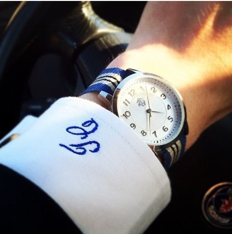 Is it cocktail time? The monogram cuff and the ribbon watch are a great crisp look Monogrammed Cuff, The Projector, Mens Monogram, Bespoke Shirts, Monogram Shirt, Watercolor Monogram, Monogram Outfit, Prep Style, Monogram Shirts