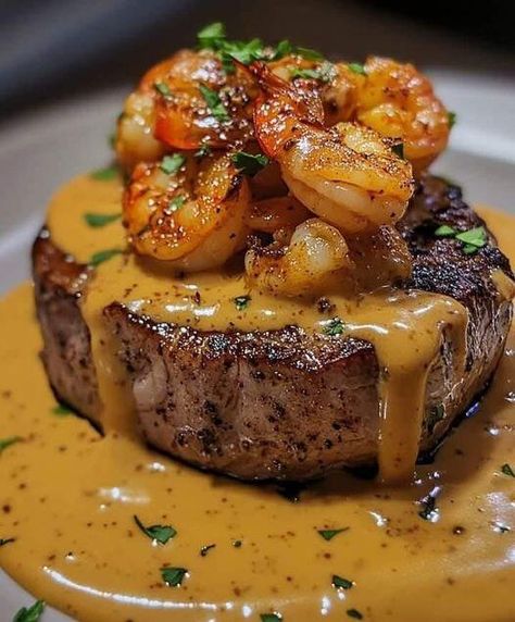 Surf and Turf Perfection: Steak with Creamy Cajun Shrimp Sauce - NewsBreak Shrimp Surf And Turf, Fancy Surf And Turf Dinner, Shrimp Steak Topping, Surf And Turf Wedding Dinner, Steak In Creamy Cajun Shrimp Sauce, Surf And Turf Burrito, Surf And Turf Skewers, Surf Turf Dinner, Steak And Shrimp Recipes