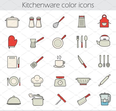 Cooking instruments 25 icons. Vector by Icons Factory on @creativemarket Coffee Items, Kitchen Instruments, Color Icons, Tea And Coffee, Cooking Utensils, Icon Set, Kitchen Tools, Illustrator, Restaurant