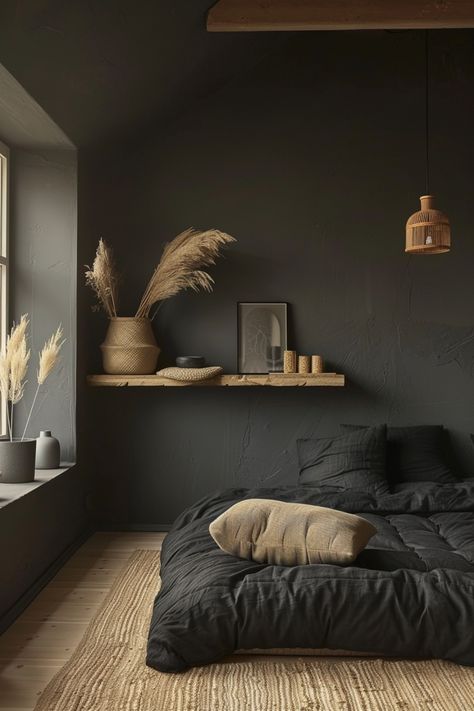 Japandi bedroom ideas seamlessly integrate Japanese minimalism and Scandinavian functionality for a peaceful and clean design. Click for more inspiration. Dark Japanese Bedroom, Moody Japandi Bedroom, Unique Spare Room Ideas, Dark Japandi Bedroom, Dark Scandinavian Bedroom, Nordic Bedroom Ideas, Japandi Interiors Bedroom, Dark Japandi, Japandi Black