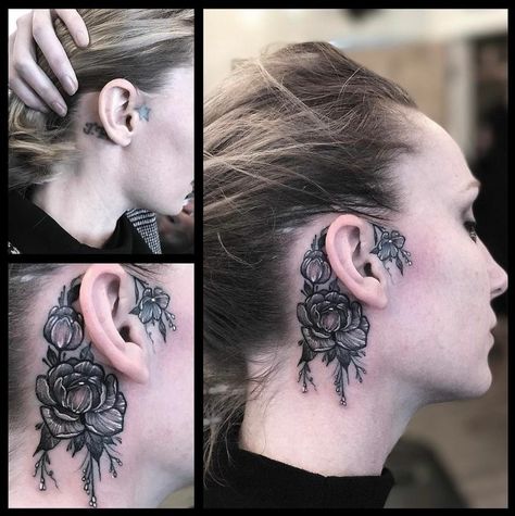 Big Behind Ear Tattoo, Cover Up Tattoo Behind Ear, Behind The Ear Tattoo Ideas Cover Up, Cover Up Tattoos Behind Ear, Behind Ear Cover Up Tattoo, Behind The Ear Cover Up Tattoo, Neck Tattoo Cover Up, Jewel Tattoo, Galaxy Tattoo