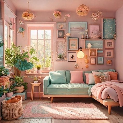 Maximalist Playroom Decor, Pastel Colors House Interior, Bloomcore Aesthetic Room, Pink Wall Decoration, Pastel Color Decor, Studio Apartment Ideas Boho, Pastel Office Aesthetic, Pastel Home Aesthetic, Pastel Maximalist Decor