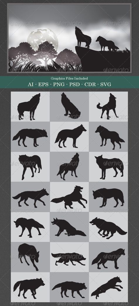 Wolf Silhouettes - Animals Characters Wolf Pack Silhouette, Wolf Pack Tattoo Design, Tiny Wolf Tattoo, Wolf Silhouette Tattoo, Dark Wolf Tattoo, Wolf Pack Tattoo, Wolf Symbol, Tattoo Wolf, Moon Nature