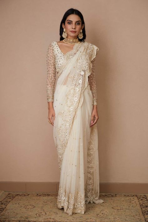 Buy White Net Embroidered Nakshi Scoop Scallop Border Saree With Blouse For Women by Astha Narang Online at Aza Fashions. White Saree Blouse, Astha Narang, White Sari, Long Blouse Designs, Bridal Sari, Scallop Border, Modern Saree, India Dress, Party Sarees