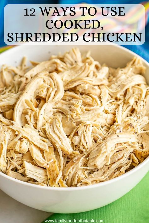 These 12 ways to use cooked, shredded chicken will give you new, fun, delicious ideas of ways to use leftover cooked chicken. List of ideas and specific recipes included. Shredded Chicken Crockpot, Dutch Oven Chicken, Leftover Chicken Breast, Easy Shredded Chicken, Bbq Chicken Sandwich, Leftover Chicken Recipes, Ground Chicken Recipes, Shredded Chicken Recipes, Fried Chicken Breast