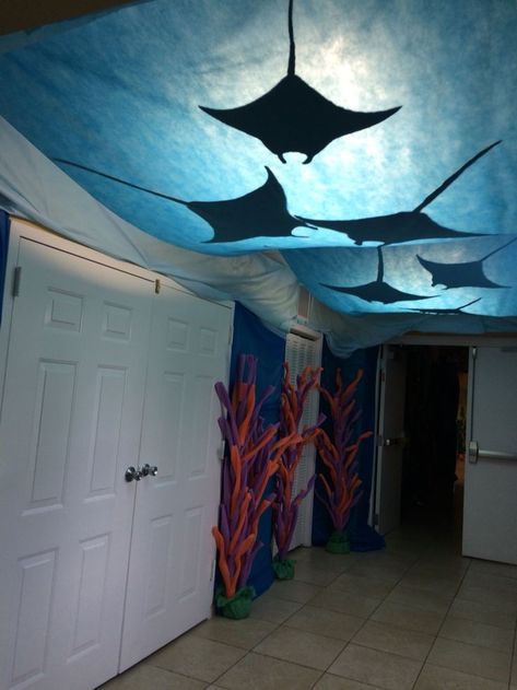 Ocean Floor Decorations, Cheap Under The Sea Decorations, Under The Sea Sensory Room, Under The Sea Ceiling Decorations, Deep Sea Decorations, Group Vbs 2024 Scuba, Under The Sea Hallway Decorations, Submerged Vbs Decorations, Vbs Ocean Theme