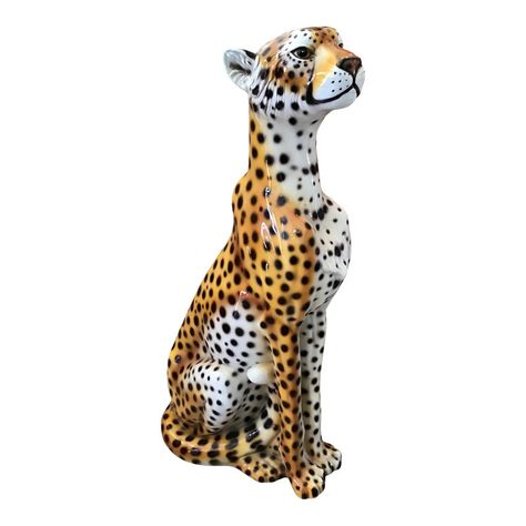 Leopard Statue, Chinoiserie Art, Italian Life, Italian Pottery, Ceramic Animals, Cheetahs, Italian Ceramics, Garden Statues, Hand Painted Ceramics