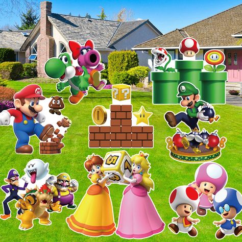 PRICES MAY VARY. 【Super Bros Party Favors】The package you receive include 8 pcs different patterns super bro yard signs. Adding fun and festivity to any occasion. 【High Quality�】:Mario party favors is made of high-quality waterproof corrugated plastic paper,safe and non-toxic,bright in color, vivid in design, not easy to fade. 【Easy to Use 】:Just need to insert the plastic pile into the hole of the sign and then into the ground of the lawn and you can decorate with confidence. Unique design add m Mario Party Decorations, Lawn Party Decorations, Lawn Party, Mario Birthday Party, Mario Birthday, Game Themes, Mario Party, Trunk Or Treat, Outdoor Lawn