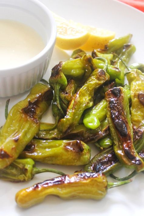 Cooked peppers on a white plate with dip and lemon slices. Blistered Shishito Peppers, Parsnip Fries, Kids Lunch Box Meals, Finger Foods For Kids, Shishito Peppers, Satisfying Salads, Summer Foods, Summer Veggies, Grilling Season