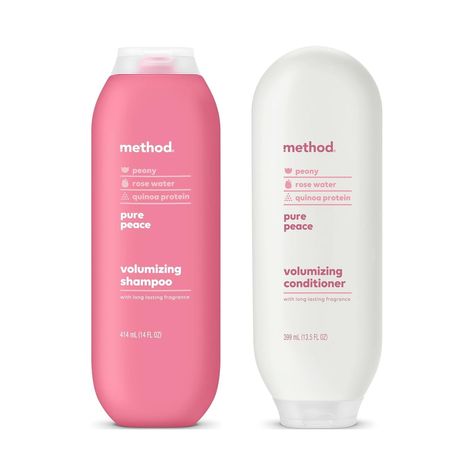 PRICES MAY VARY. Contains (1) 13.5 ounce conditioner (1) 14 ounce bottle of shampoo. Designed for you with the future in mind. Formulated without parabens, silicone, sulfates + dyes. Long lasting fragrance. Safe for color-treated hair. Bottle made from 80% recycled plastic (PCR). recycle for good karma. Turn your shower into the kind of escape you need right now with pure peace volumizing shampoo + conditioner. each formula is infused with a delightful trifecta of peony, rose water + quinoa prot Rose Shampoo And Conditioner, Shampoos That Are Good For Your Hair, Method Shampoo, Best Hair Conditioner, Postpartum Hair, Bday List, Good Shampoo And Conditioner, Hair Jewels, Xmas List