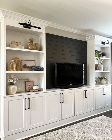 Media Wall Using Kitchen Cabinets, Painted Living Room Built Ins With Tv, Built In Bookcases With Tv, Ikea Media Wall Living Room, Built In Tv Wall Unit Minimalist, Ikea Living Room Tv Wall Ideas, Built In Tv Wall Unit Modern, Ikea Media Wall, Tv Built Ins