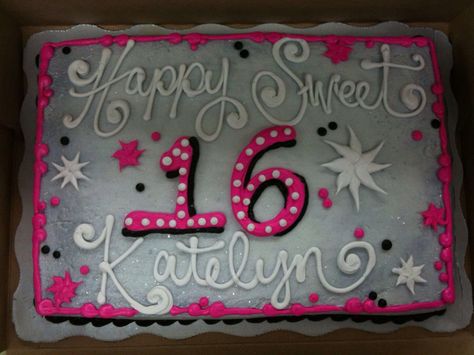 Sweet 16 sheet cake                                                                                                                                                      More Sweet 16 Sheet Cake, Birthday Cake Girls Teenager, Sweet 16 Cupcakes, Sweet Sixteen Cakes, Sweet 16 Cake, Sweet 16 Party Decorations, Teen Cakes, Birthday Sheet Cakes, Birthday Cakes For Teens