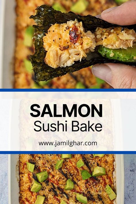 It's a deconstructed sushi roll meets casserole! Serve our Salmon Sushi Bake Recipe as is, or pair it with seaweed or vegetables as a quick dip. Salmon Sushi Bake Recipe, Baked Salmon Sushi, Baked Sushi Recipe, Salmon Sushi Bake, Sushi Bake Recipe, Baked Sushi, Deconstructed Sushi, Creamy Salmon, Sushi Bake