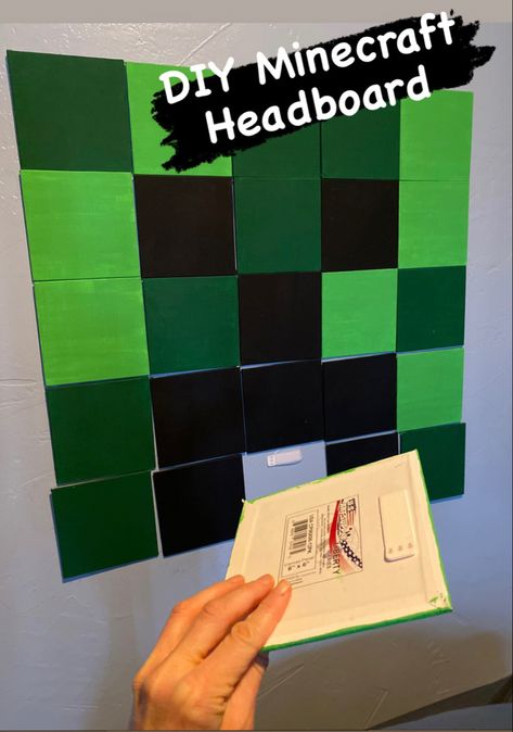 I made a minecraft headboard with mini canvases. I attached command strips to the back of the canvases to attach them to the wall. Click the link to see exactly how I did it. Minecraft Headboard, Mind Craft, Headboard Diy, Mini Canvases, Diy Minecraft, Minecraft Bedroom, Bedroom Decorations, Diy Headboards, Rooms Reveal