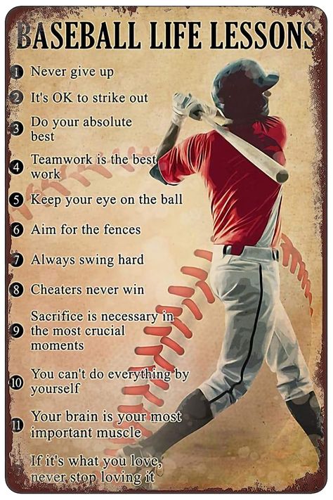 PRICES MAY VARY. Inspirational baseball life lessons: The tin sign features humorous yet inspiring quotes about perseverance and never giving up, perfect for motivating any baseball fan. High-quality metal construction: Made from durable tin material, this sign is built to last and can withstand wear and tear. Versatile decoration: Suitable for any home, bar, pub, diner, or cafe, the retro vintage design adds a touch of nostalgia to your decor. Easy to install: Pre-drilled holes make it easy to Poster Art Ideas, Good Teamwork, Baseball Quotes, Baseball Posters, Cafe Wall, Motivational Wallpaper, Poster Retro, Bar Signs, Posters Prints