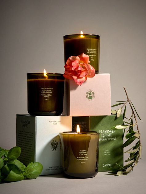 Natural Scented Candle Set – Three Brothers Candle Set – Flamingo Estate Candle Shoot Ideas, Candle Marketing Ideas, Candle Instagram Posts, Candle Ads, Candle Marketing, Candle Product Photography, Bergamot Candle, Tomato Candle, Angelica Root