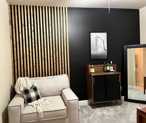 Black And Wood Feature Wall, Wood On Black Wall, Black Pallet Wall, Black Wood Panel Wall, Black And Wood Wall, Foyer Accent Wall, Wood Panel Bathroom, Fine Haircuts, Modern Accent Wall