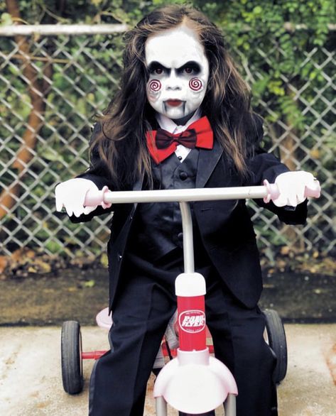 Saw costume, saw toddler costume, jigsaw costume Halloween Toddler Costumes, Saw Halloween Costume, Yard Graveyard, Saw Costume, Jigsaw Costume, Jigsaw Halloween, Saw Halloween, Halloween Costumes Diy Couples, Toddler Costumes Girl