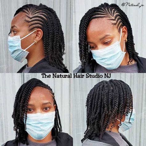 Two Strand Twist With Cornrows, Braids In Front Twist In Back Natural Hair, Side Part Cornrows Natural Hair, 2 Strand Flat Twist Hairstyles, Twist Outs Styles On Natural Hair, Cornrows And Two Strand Twists, Side Part Twist Out Natural Hair, Flat Twist Hairstyles With Extensions, Cornrow And Twist Hairstyles