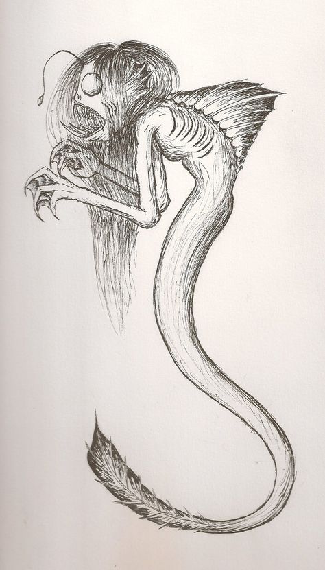 Angler Fish Mermaid, Angler Fish Drawing, Scary Mermaid, Scary Fish, Sea Monsters Drawing, Mythical Creatures Drawings, Sea Monster Art, Mythical Sea Creatures, Sea Creatures Drawing