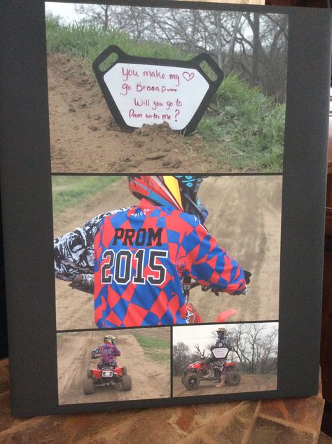 This is what we came up w for my sons promposal...... We took pictures at his race with an extra matching jersey....... Dirt Bike Homecoming Proposal, Dirt Bike Promposal, Motorcross Promposal Ideas, Dirt Bike Dance Proposal, Racing Promposal Ideas, Car Guy Promposal, Sadie Proposals Ideas, Sadies Proposal, Country Prom