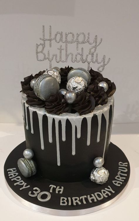 Black And Grey Birthday Cake, Black And Silver 21st Birthday Cake, Silver And Black Cake Birthday, Black And Silver Birthday Decorations Decorating Ideas, Black And Silver Cake For Men, Birthday Cake Black And Silver, Black Cakes Birthday For Women, Cake Birthday Aesthetic Black, Black And Silver Cakes Birthday