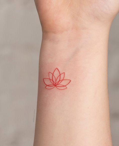 Red Lotus Tattoo Design, Minimalist Red Tattoo Aesthetic, Lotus Red Tattoo, Red Leaf Tattoo, Tulsi Tattoo, Lotus Line Tattoo, Lotus Minimalist Tattoo, Lotus Flower Tattoo Red, Lotus Tattoo Design For Women