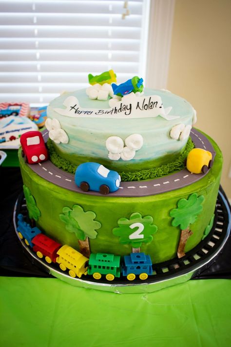 Oh the places you’ll go party (Planes, trains, and automobiles) Cars, trains, and airplane cake. Planes Trains And Automobiles Cake, Planes Trains And Automobiles, Planes Trains And Automobiles Party, Airplane Cake, Baby Boy Birthday Cake, Lego Birthday Cake, Transportation Birthday, Novelty Birthday Cakes, Train Cake