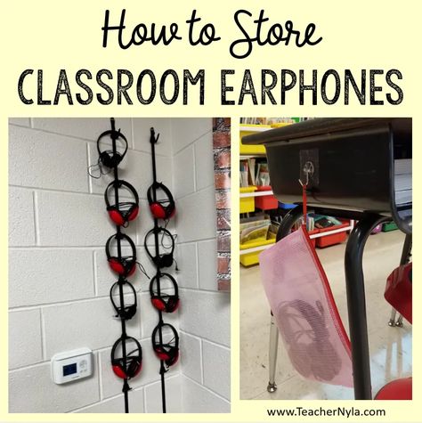 Teachers need to have organized storage systems in place for storing and keeping track of classroom headphones and earbuds. Each earphone must have a number Classroom Headphone Storage, Diy Headphone Stand, School Headphones, Headphone Organizer, Student Storage, Ipad Storage, Diy Headphones, Headphone Storage, Classroom Desk