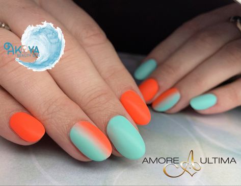 Orange And Mint Nails, Mint And Orange Nails, Orange And Teal Nails, Teal And Orange Nails, Orange Ombre Nails, Mint Nails, Orange Nail Designs, Teal Nails, Teal And Orange