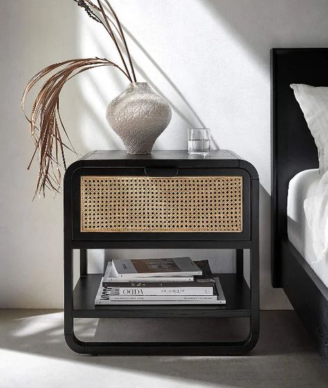 Photo of modern black framed cane nightstand Curved Nightstand, Cane Bedroom, Cane Bedside Tables, Cane Nightstand, Boho Nightstand, Designer Nightstand, Rattan Bedroom, Round Nightstand, Rattan Bed