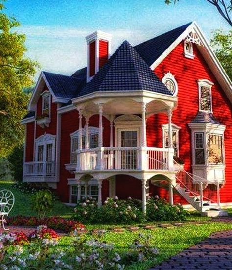 Victorian House Colors, Red Houses, Victorian Style Homes, Red Cottage, Casas Coloniales, Victorian Cottage, Red House, Cute House, Farmhouse Exterior