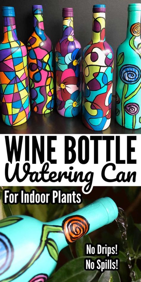 Watering Indoor Plants, Mothers Day Crafts For Adults, Homemade Gift Idea, Craft Projects For Adults, Arts And Crafts For Adults, Painted Bottles, Projects For Adults, Diy Crafts For Adults, Painted Wine Bottles