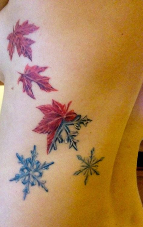 My 2 favorite seasons! Leaf Tattoo Ideas, Fall Leaves Tattoo, Tato Maori, Canadian Tattoo, Celtic Knot Tattoo, Snow Flake Tattoo, Autumn Tattoo, Leaf Tattoo, Henna Ideas