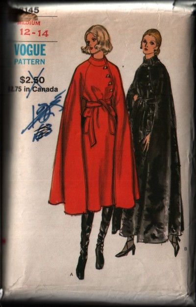 Cape Coat Pattern, 1960s Vogue, Elegant Cape, 1970s Sewing Patterns, Patron Vintage, Cape Pattern, Vogue Pattern, Standing Collar, Vogue Patterns