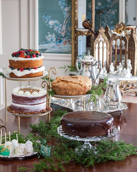 Grand Christmas Tidings Amid a Peaceful Palette - Southern Lady Magazine Food Table Decorations Ideas, Christmas Desert Table, Birthday Party Dessert Table Ideas, Christmas Buffet Ideas Food, Christmas Party Dessert Table, Christmas Dessert Display, Christmas Dessert Buffet, Christmas Buffet Table, Red Christmas Party