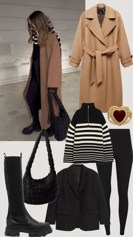 GET THE LOOK | Camel coat and striped jumper layering for winter 🐪 Ganni | Flat boots | Winter outfits | Black | Tailoring | Oversized | Petite styling | Layering #LTKshoecrush #LTKstyletip #LTKworkwear Knee High Chelsea Boots, Classy Airport Outfit, High Chelsea Boots, Layering For Winter, Petite Styling, Winter Outfits Black, Camel Coat Outfit, Luxury Girl, Sheer Skirt