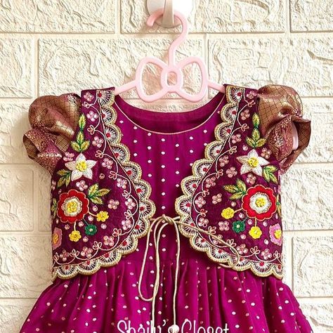 Shailu’s Closet on Instagram: "Customised kids frock with embroidery waist coat for your cute little munchkins 💖 Please DM/watsapp@9666742484 for orders and enquiries. Customisation available. #kidsfrocks#kidsluxuryfashion#kidsmaggamworkblouses #kids #kidsfashion #kidswear #weddingoutfitforkids #kidstraditionalfrocks #festivewear #kidsstylist #kidsofinstagram #momsofinstagram #traditionalwear#lovedressingup #kidsdresses #kidstraditionalwear #dressup #kidsoccasionwear #kidspartywear #kidsclothing #girlsdresses #customisedoutfits #southindianstyle #kidsstyling #kidsmodel #wedmegood#shailuscloset" Kids Lehanga Design, Langa Jacket, Traditional Baby Dresses, Long Frocks For Kids, 1st Birthday Girl Dress, Lehanga For Kids, Kids Frock, Frocks For Babies, Frocks For Kids