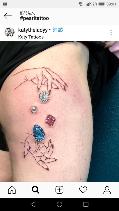 Gem tattoo Gem Stone Tattoo Design, Ruby Crystal Tattoo, Ruby Tattoo Gem, Small Gem Tattoo, Gemstone Tattoo Realistic, Gem Stone Drawing, Gem Tattoos For Women, Pearl Tattoos For Women, Tattoo Gemstone