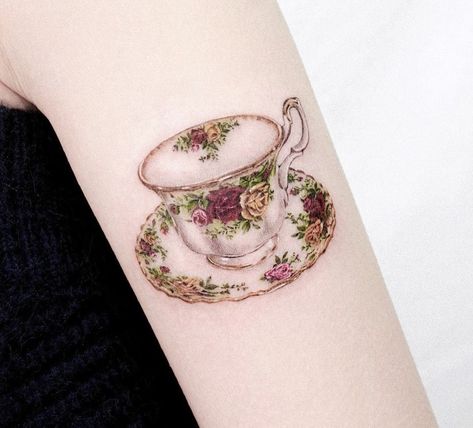 China Tea Cup Tattoo, Tea Cup Tattoo With Flowers, Vintage Tea Set Tattoo, Vintage Teacup Tattoo, Teacup Pattern Tattoo, Antique Tea Cup Tattoo, Teapot And Teacup Tattoo, China Teacup Tattoo, Dainty Tea Cup Tattoo