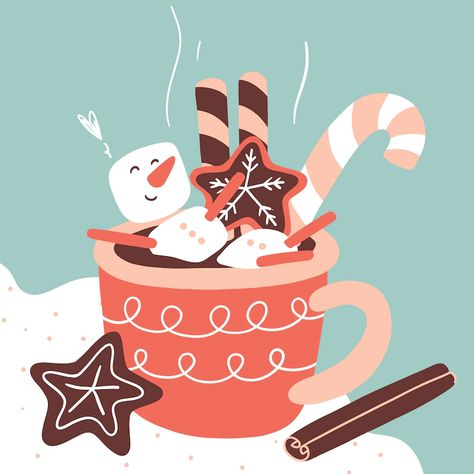 Free Vector | Flat christmas hot chocolate illustration Hot Cocoa Illustration, Hot Chocolate Illustration, Hot Chocolate Drawing, Hot Chocolate Art, Chocolate Illustration, Cozy Hot Chocolate, Hot Winter Drinks, Christmas Drink, Illustration Christmas