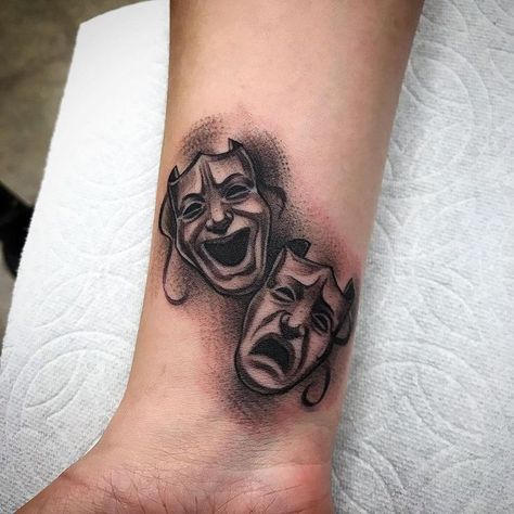 Drama Face Tattoo, Best Sleeve Tattoos Men, Sleeve Tattoos Men, Face Tattoo Ideas, Theater Acting, Tattoos Men, Scary Tattoos, Mask Tattoo, Latest Tattoos