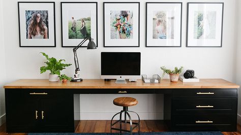 Simple Office Desk, Butcher Block Desk, Office Desk Designs, Butcher Block Wood, Long Desk, Big Desk, Craft Room Office, Modern Home Office, Home Office Space